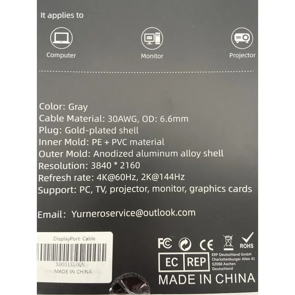 4K UHD DisplayPort Cable 6ft Braided High-Speed Yurnero NEW in Box